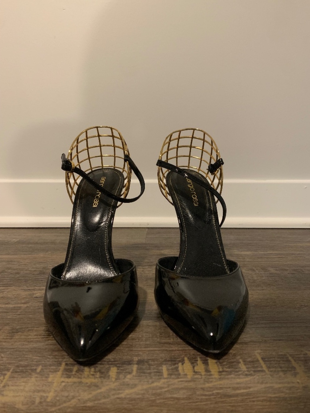 Sergio Rossi Patent Leather Armour Heels with with gold cage back - S 41